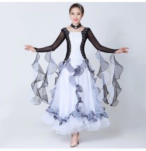 Black and white patchwork long sleeves rhinestones fashion women's ladies female competition performance professional full standard ballroom waltz tango dance dresses costumes outfits